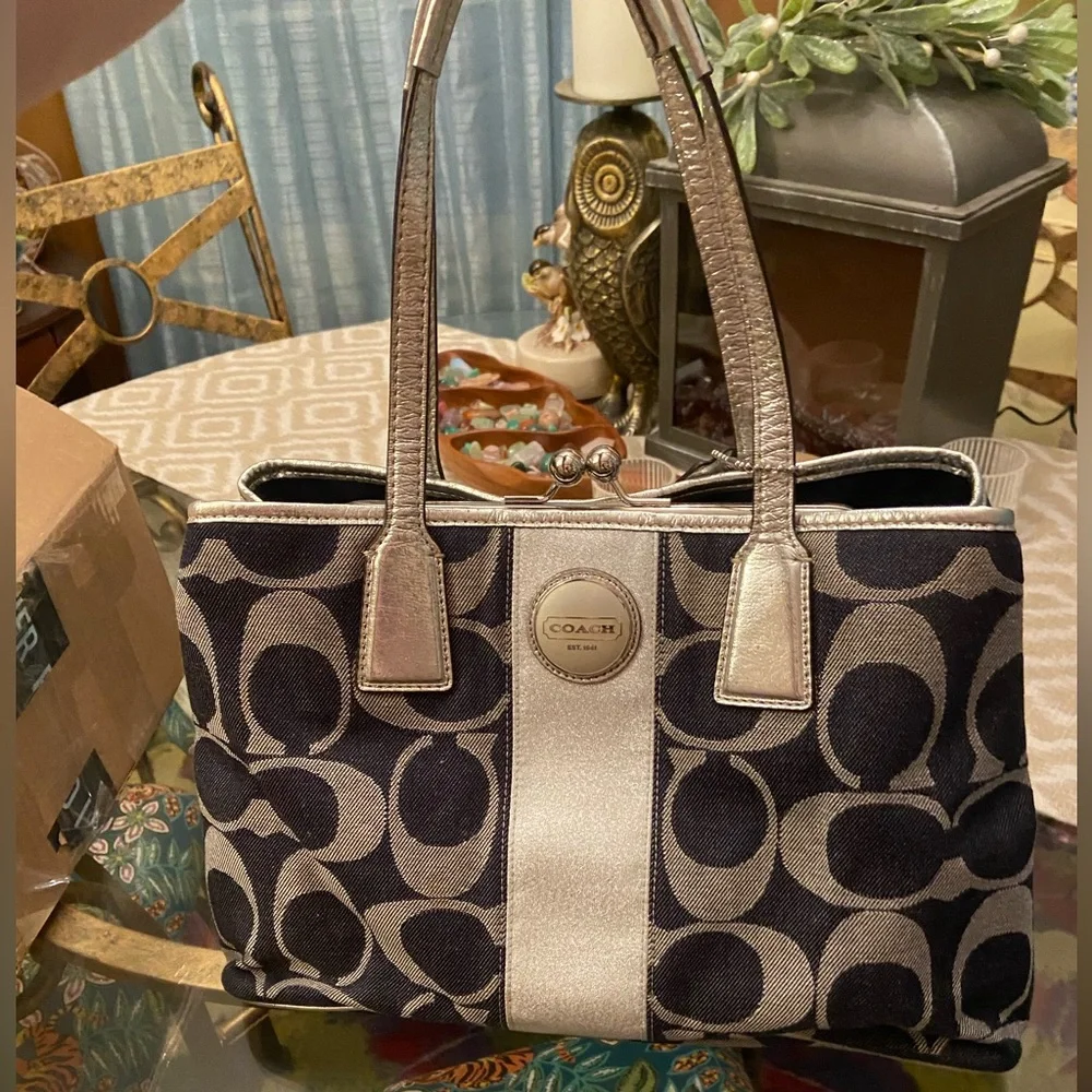 Authentic Coach Denim & Metallic Silver Signature Kisslock Y2K Bag - Picture 4 of 11